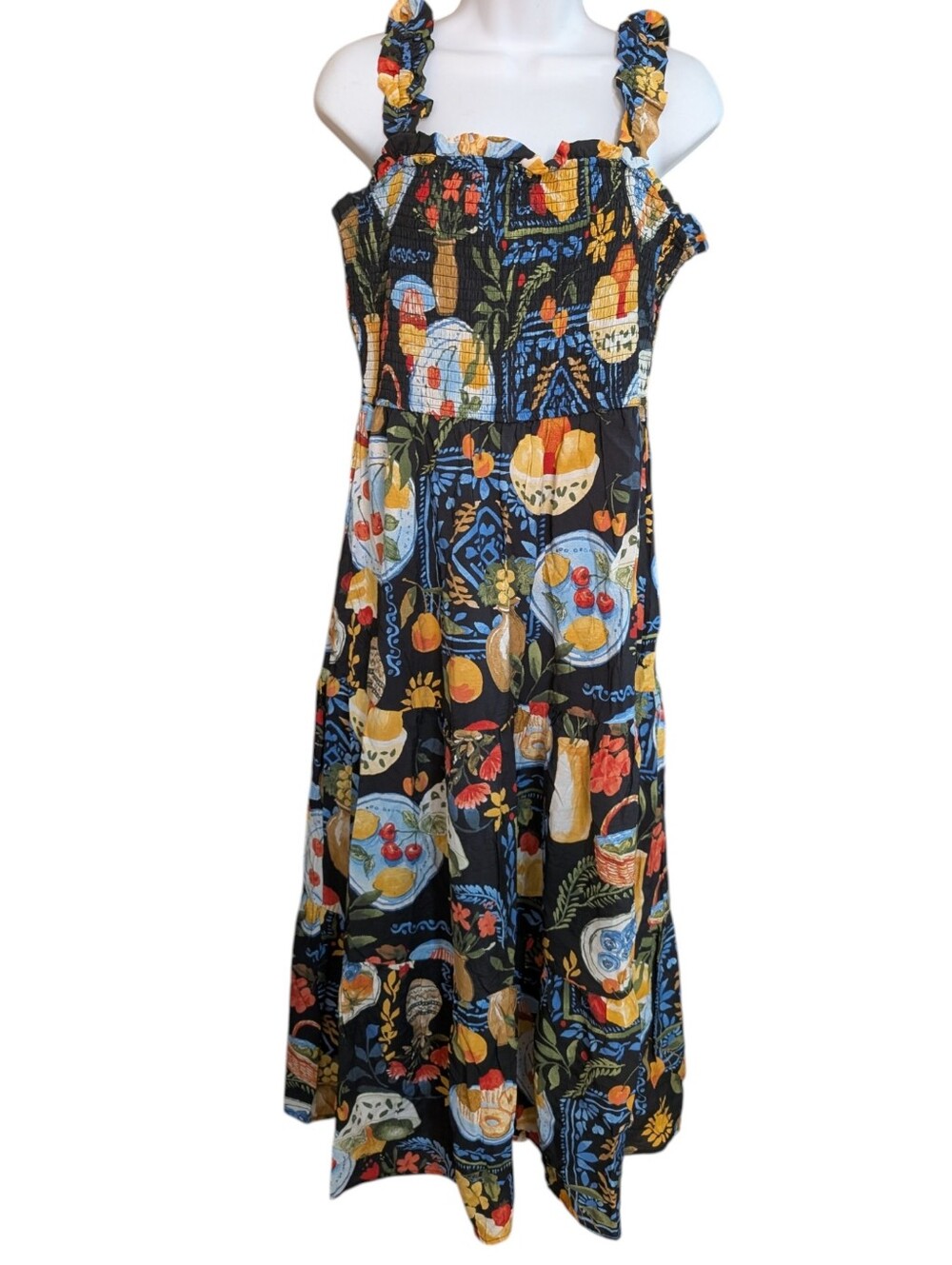 Blu Pepper Black Fruit-Print Tiered Midi Dress...Size Large - Picture 4 of 10